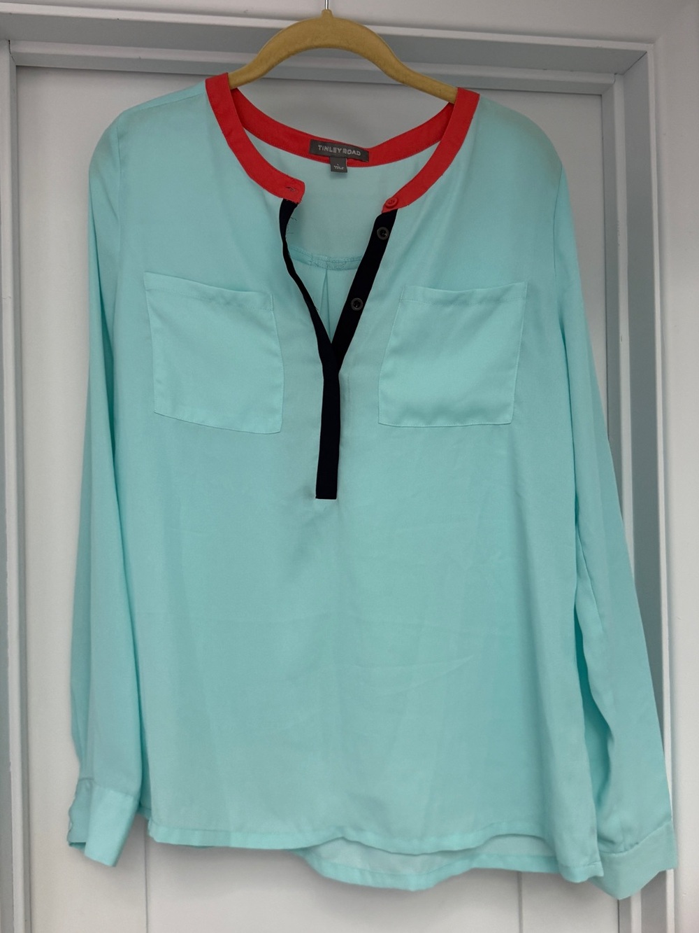 Tinley Road Mint Green Long Sleeve Blouse with Red Trim and Navy Placket